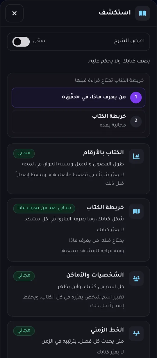 قسم «استكشف» مفتوحًا بجانب النص، وفيه «الكتاب بالأرقام» و«خريطة الكتاب» و«الشخصيات والأماكن» و«الخط الزمني»، وكل بطاقة تذكر ما تقدّمه وهل هي مجانية.