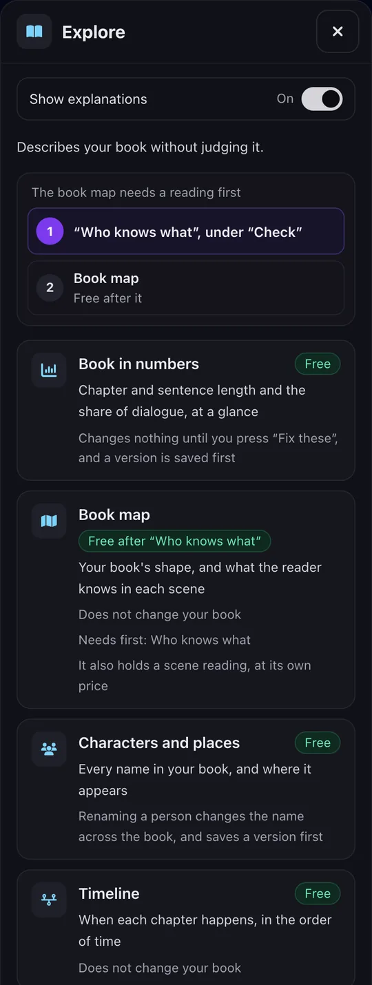 The Explore section open beside the text, listing Book in numbers, Book map, Characters and places and Timeline, each card saying what it gives and whether it is free.