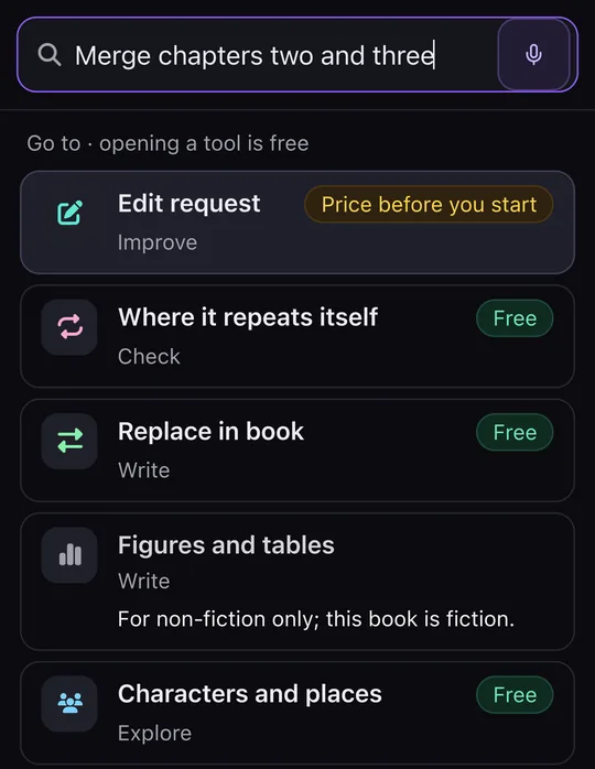 The finder after typing a request to merge two chapters: the tools that fit, each with its section and a label saying it is free or priced before you start.