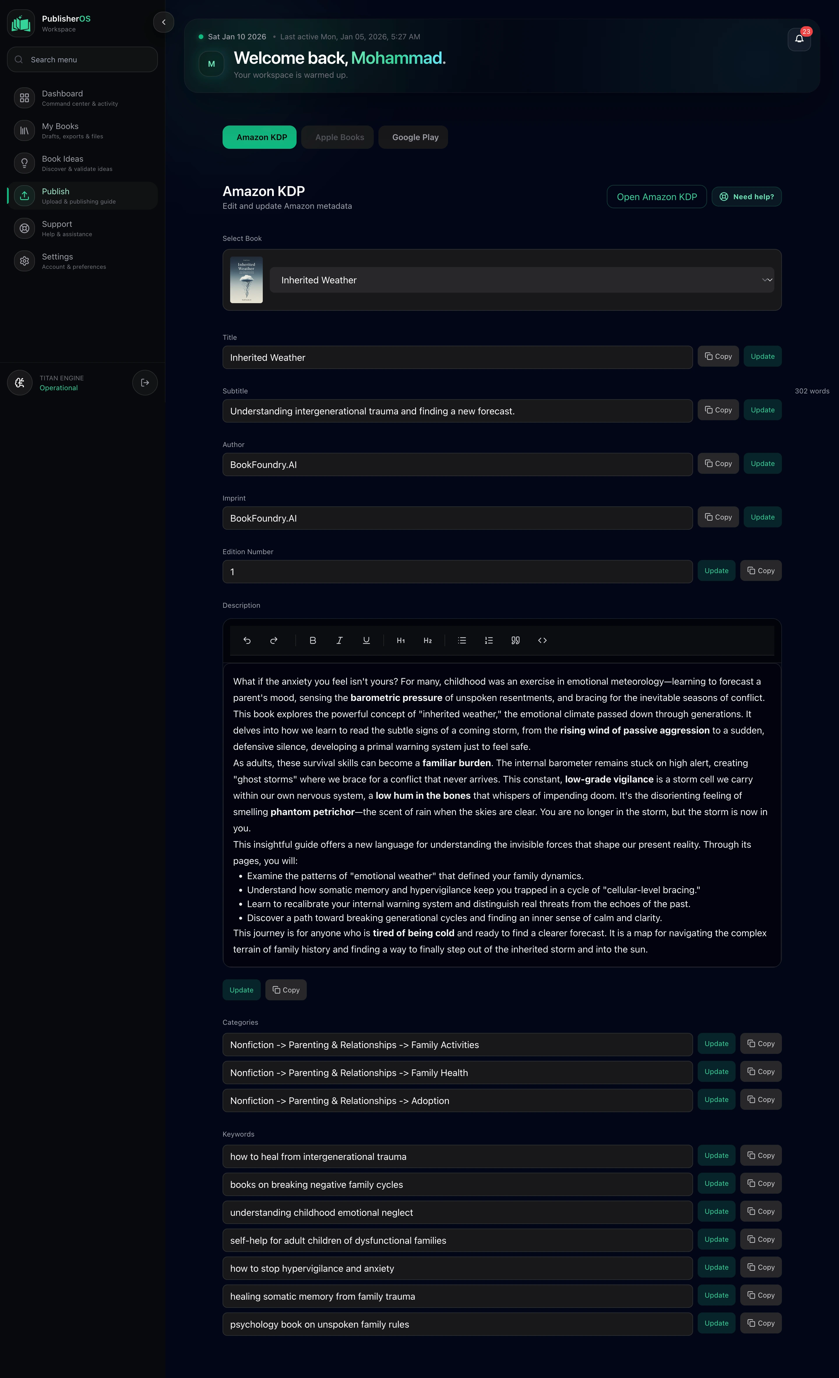 AI Book Generator Interface - KDP Launch Data