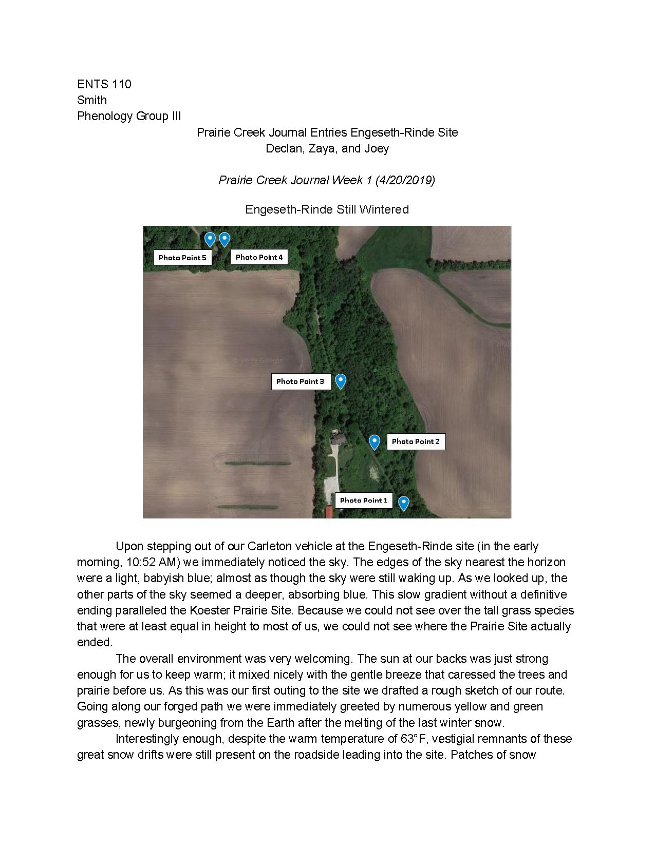 Journals from our six trips to the Engeseth-Rinde site. ENTS 110 Smith Phenology Group III Prairie Creek Journal Entries Engeseth-Rinde Site Declan, Zaya, and Joey Prairie Creek Journal Week 1 (4/20/2019) Engeseth-Rinde Still Wintered Upon stepping out of our Carleton vehicle at the Engeseth-Rinde s