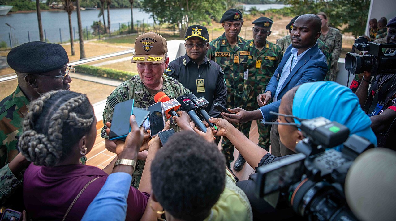 230126-N-DK722-1013 (Jan. 26, 2023) LAGOS, Nigeria – U.S. Navy Vice Adm. Thomas Ishee, commander of U.S. Sixth Fleet, speaks to Nigerian media on Naval Air Base Ogo in Lagos, Nigeria, Jan. 26, 2023 during Obangame Express 2023. Obangame Express 2023, conducted by U.S. Naval Forces Africa, is a marit